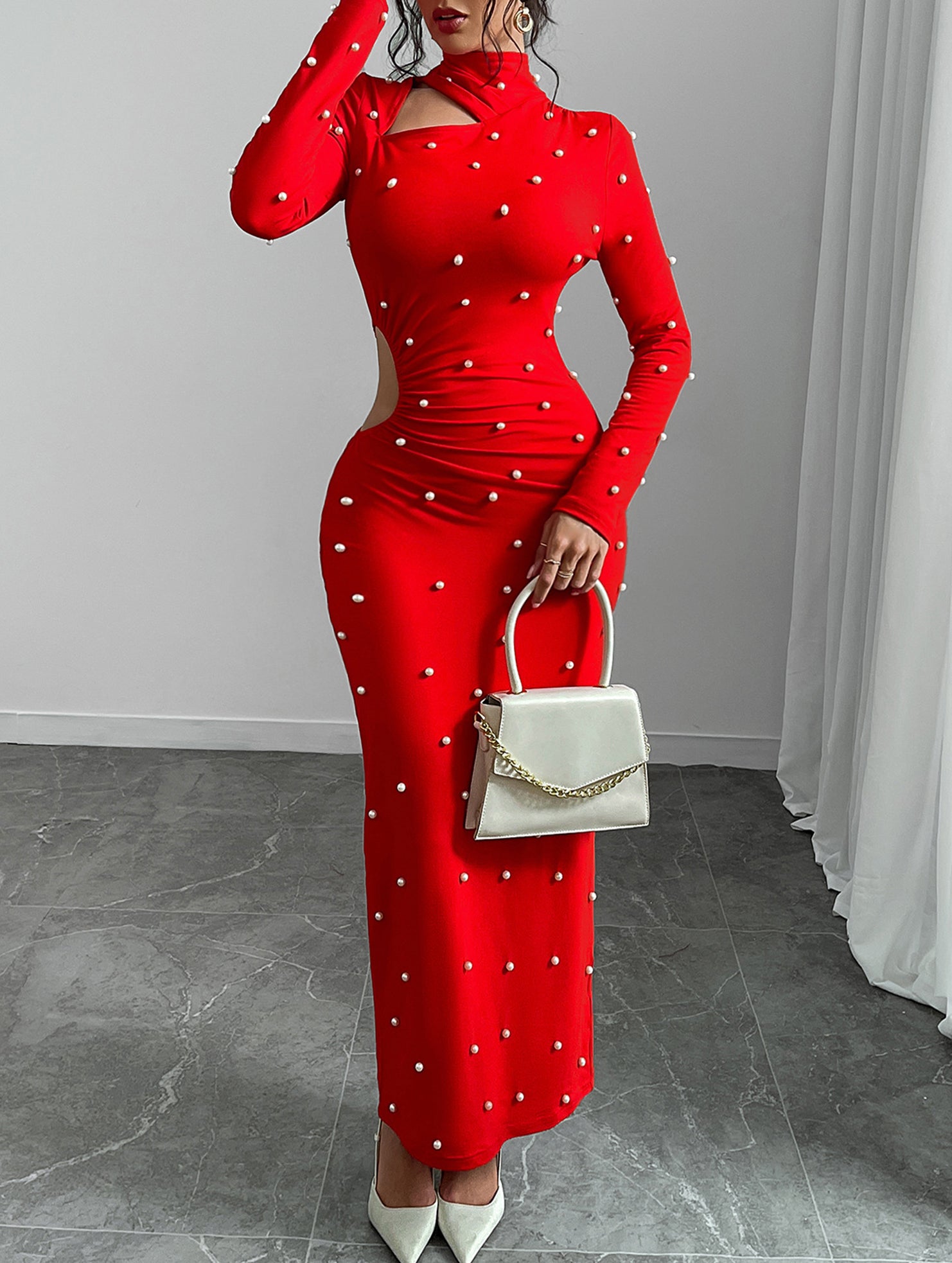 Pearl-embellished slim-fit sexy waist-revealing dress_CWDMD02216