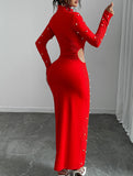 Pearl-embellished slim-fit sexy waist-revealing dress_CWDMD02216