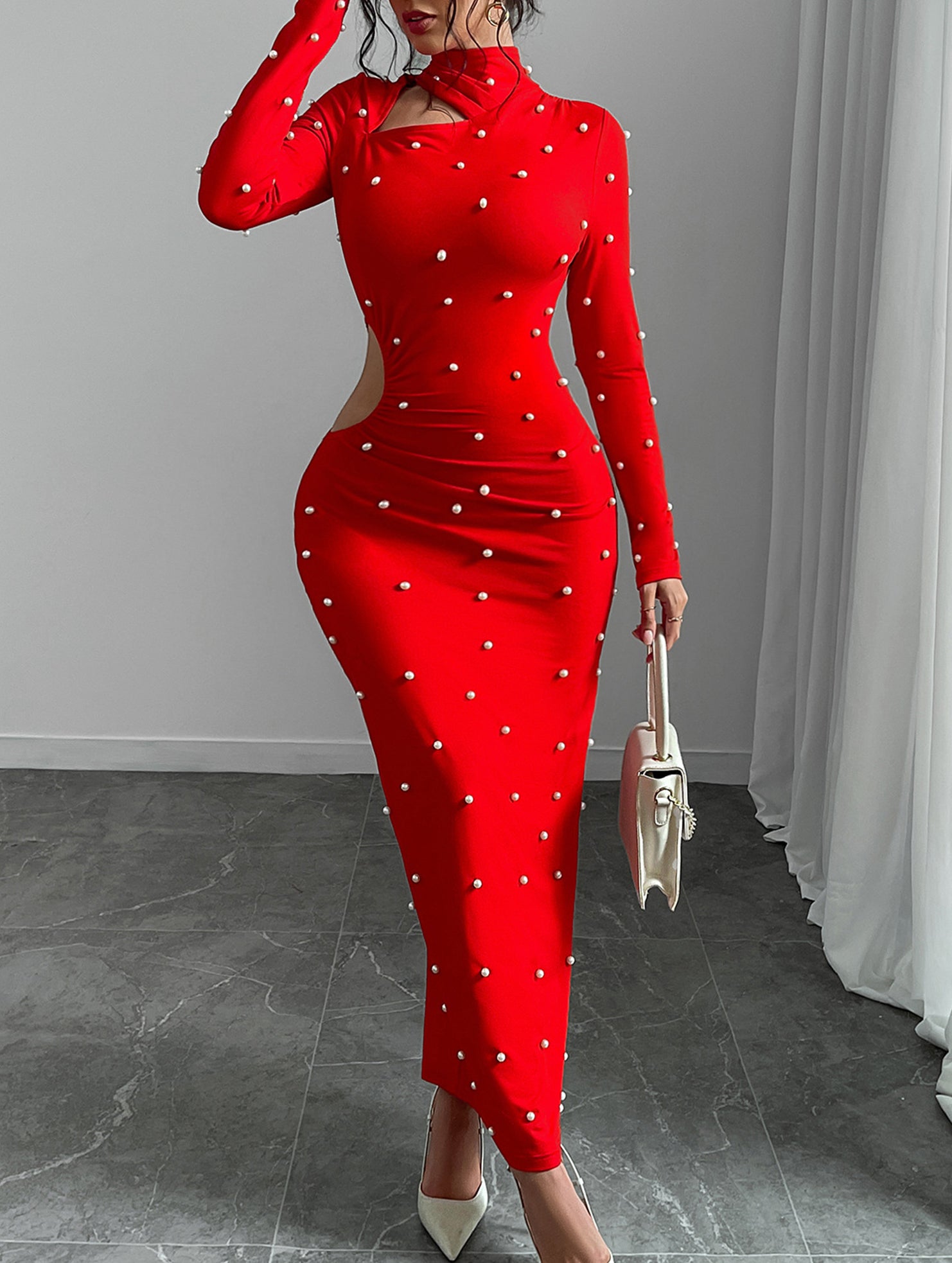 Pearl-embellished slim-fit sexy waist-revealing dress_CWDMD02216