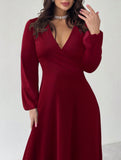 Slim-fitting, deep V-neck, sexy lantern sleeve dress_CWDMD02217