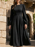 High-waisted round neck simple puff sleeve dress_CWDMD02218