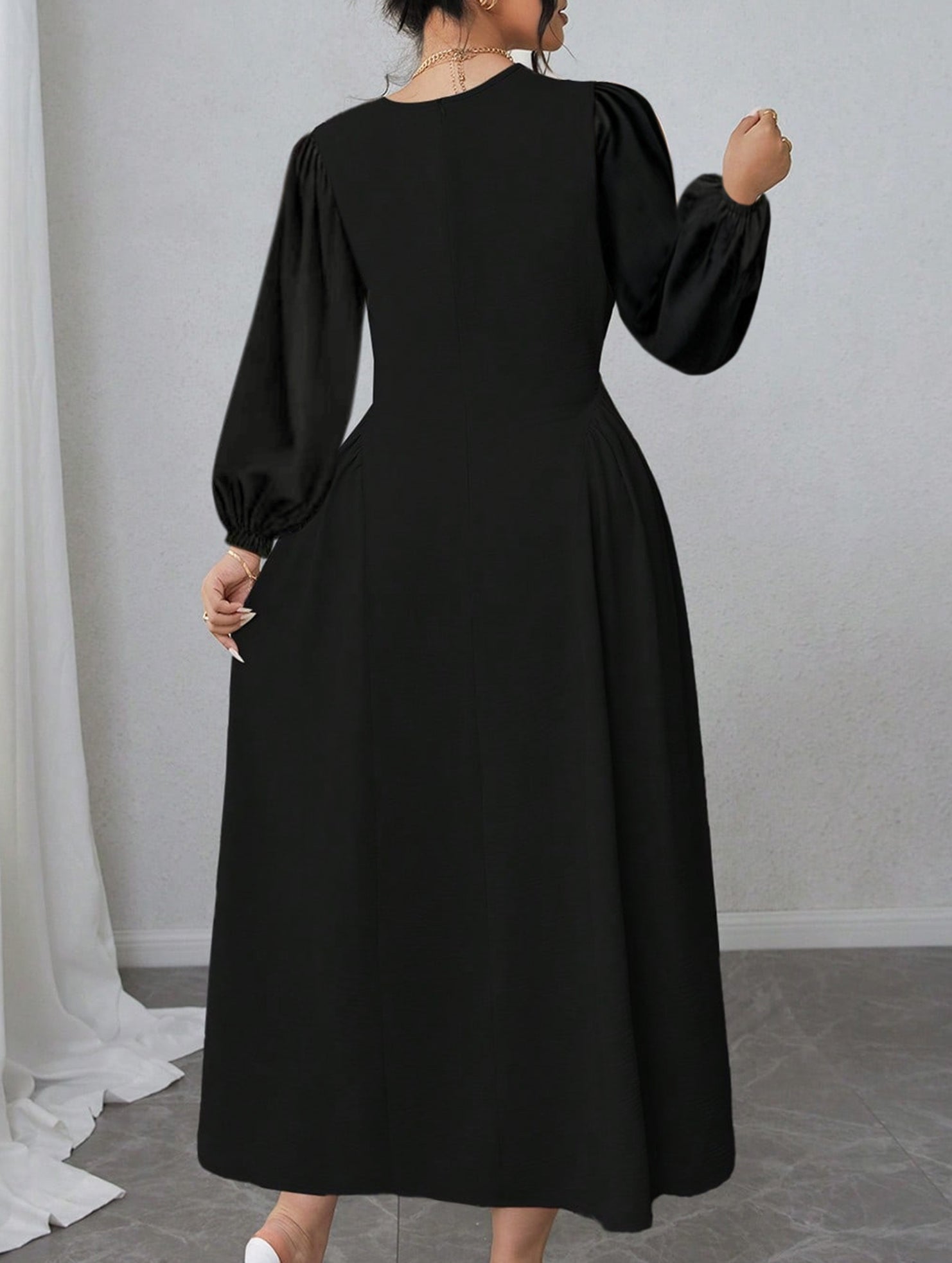 High-waisted round neck simple puff sleeve dress_CWDMD02218