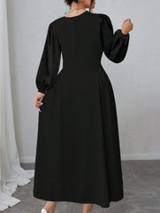 High-waisted round neck simple puff sleeve dress_CWDMD02218