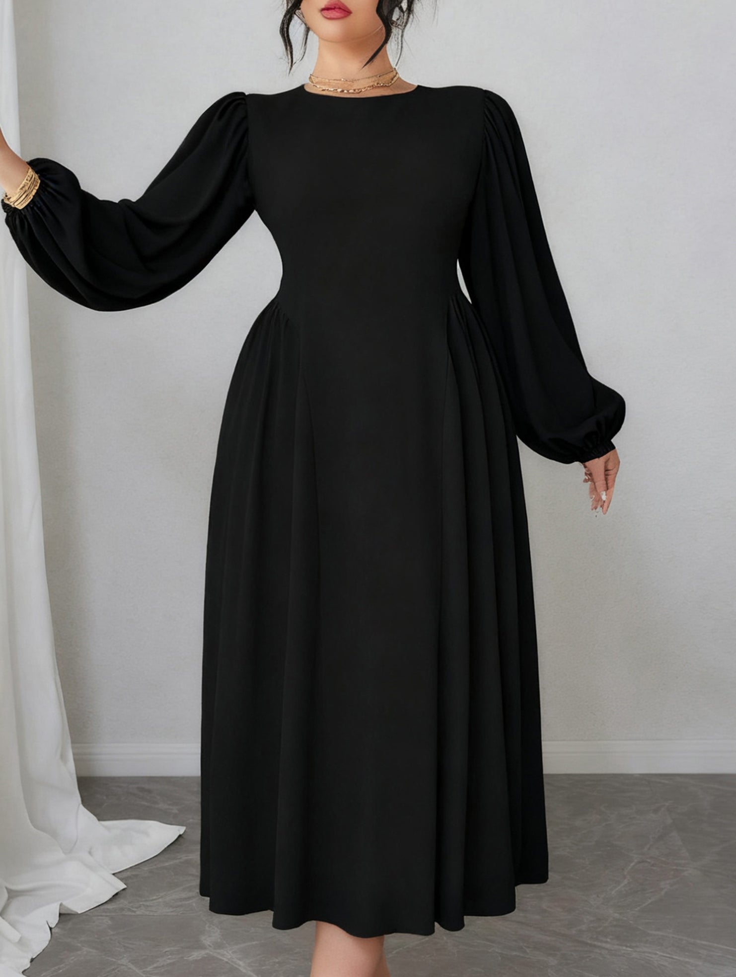 High-waisted round neck simple puff sleeve dress_CWDMD02218