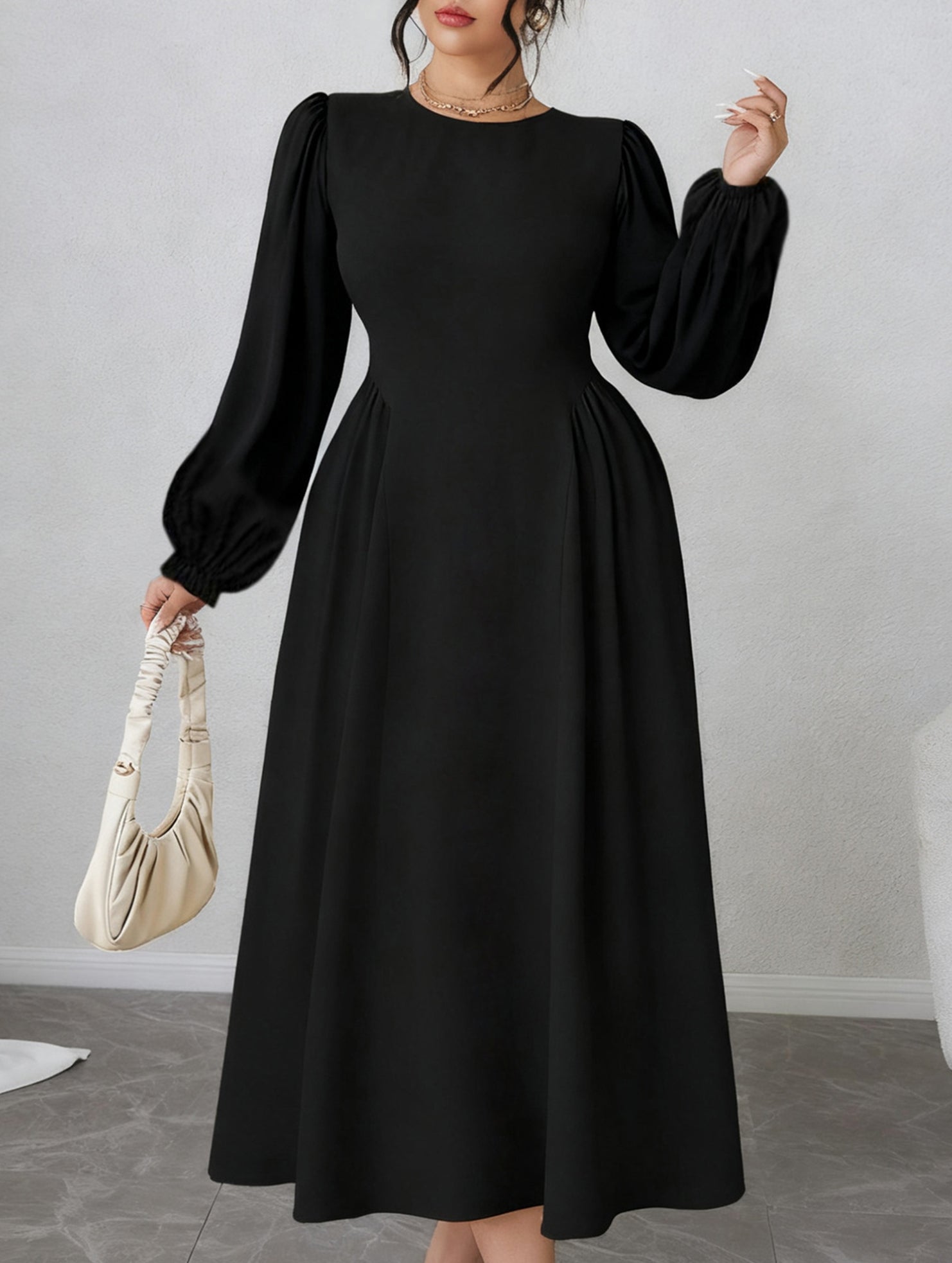High-waisted round neck simple puff sleeve dress_CWDMD02218