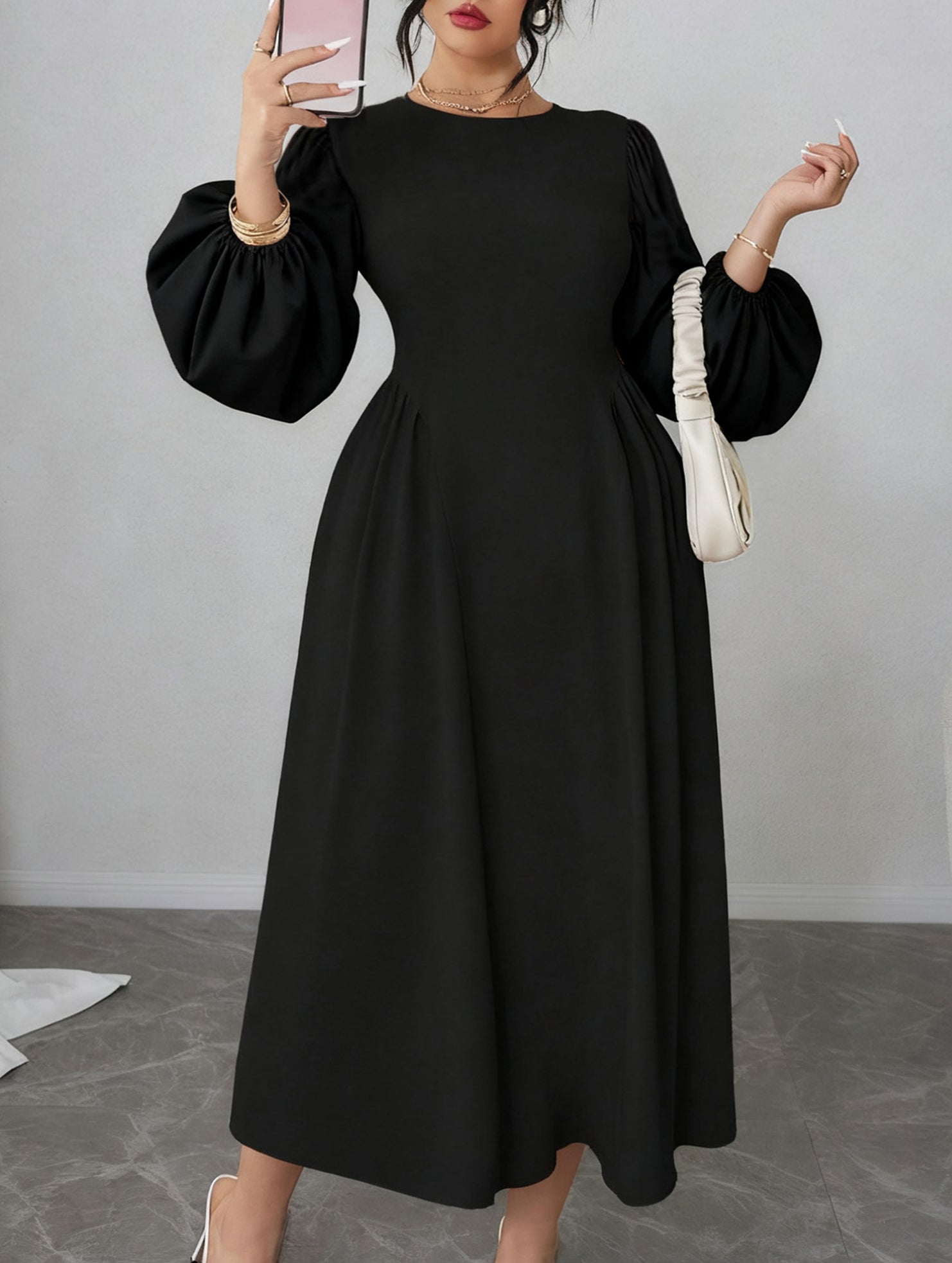 High-waisted round neck simple puff sleeve dress_CWDMD02218
