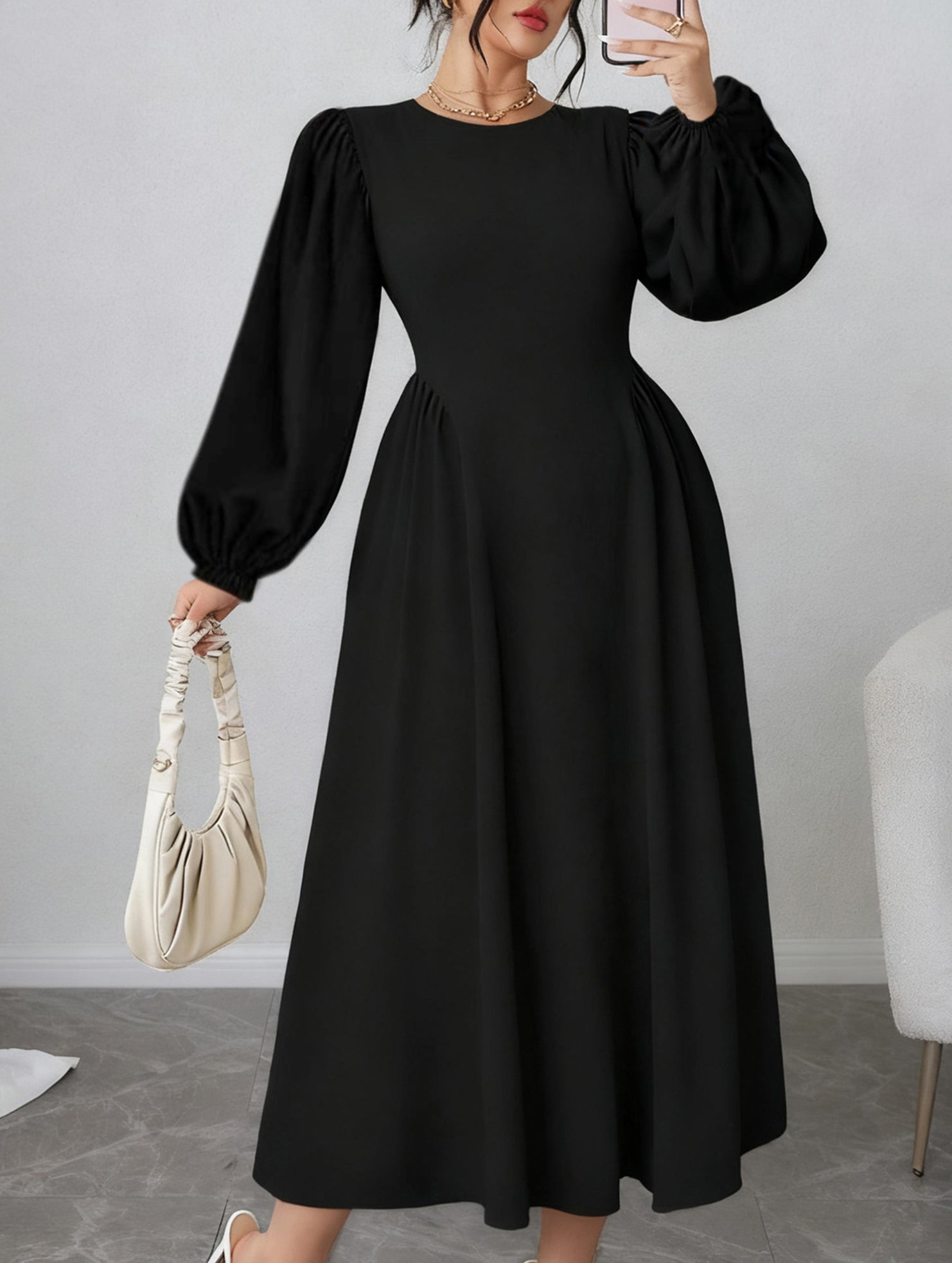 High-waisted round neck simple puff sleeve dress_CWDMD02218