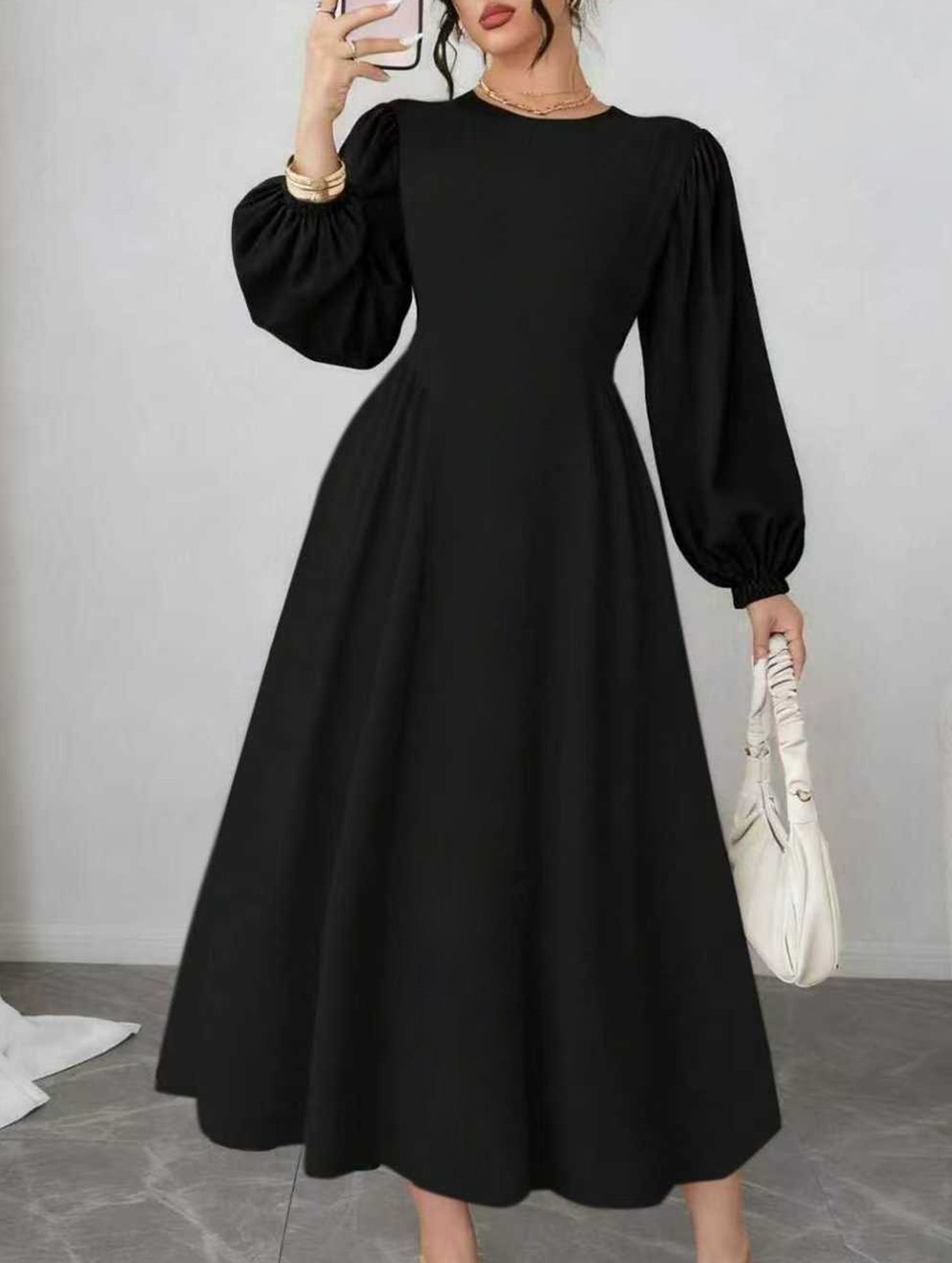 High-waisted round neck simple puff sleeve dress_CWDMD02218