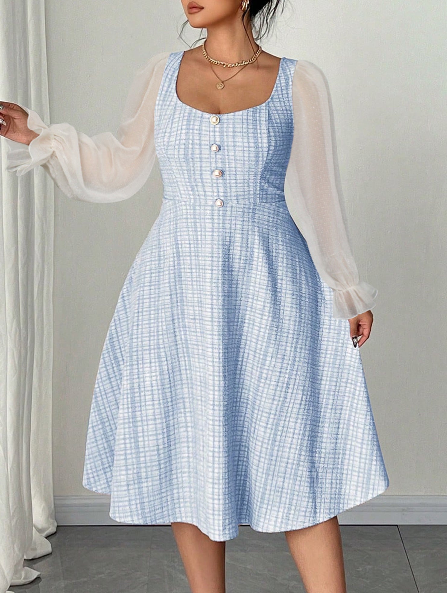 Chiffon patchwork sleeve backless high-waisted dress_CWDMD02219