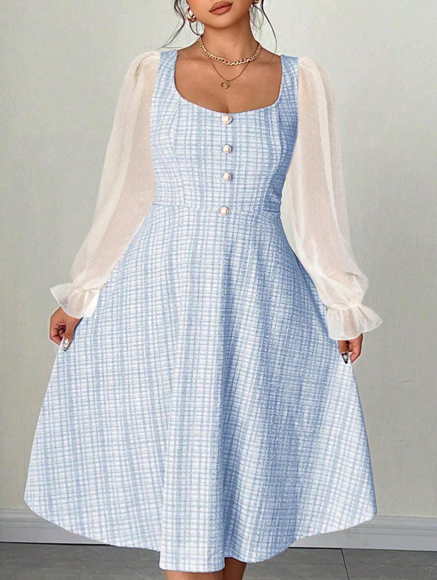 Chiffon patchwork sleeve backless high-waisted dress_CWDMD02219