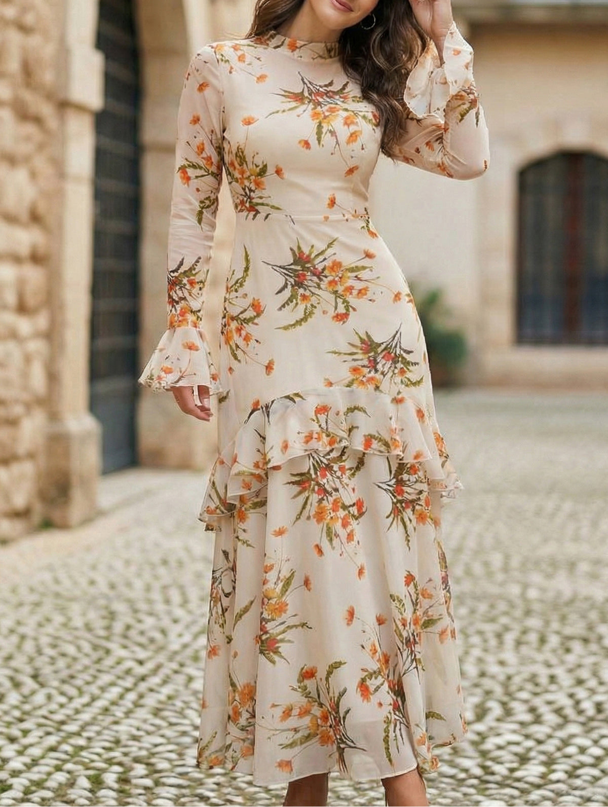 Women's dress with lotus leaf sleeve and floral print_CWDMD0222