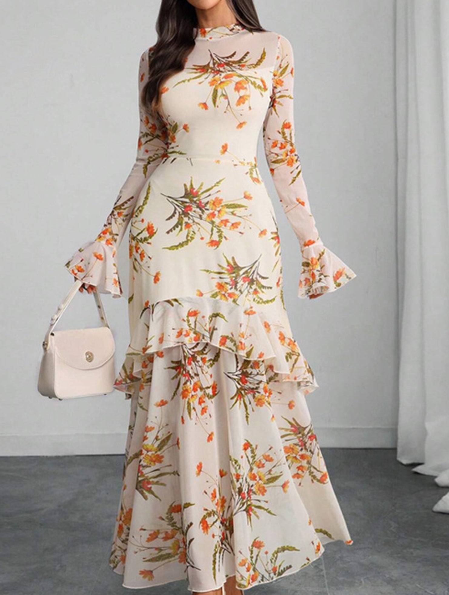 Women's dress with lotus leaf sleeve and floral print_CWDMD0222