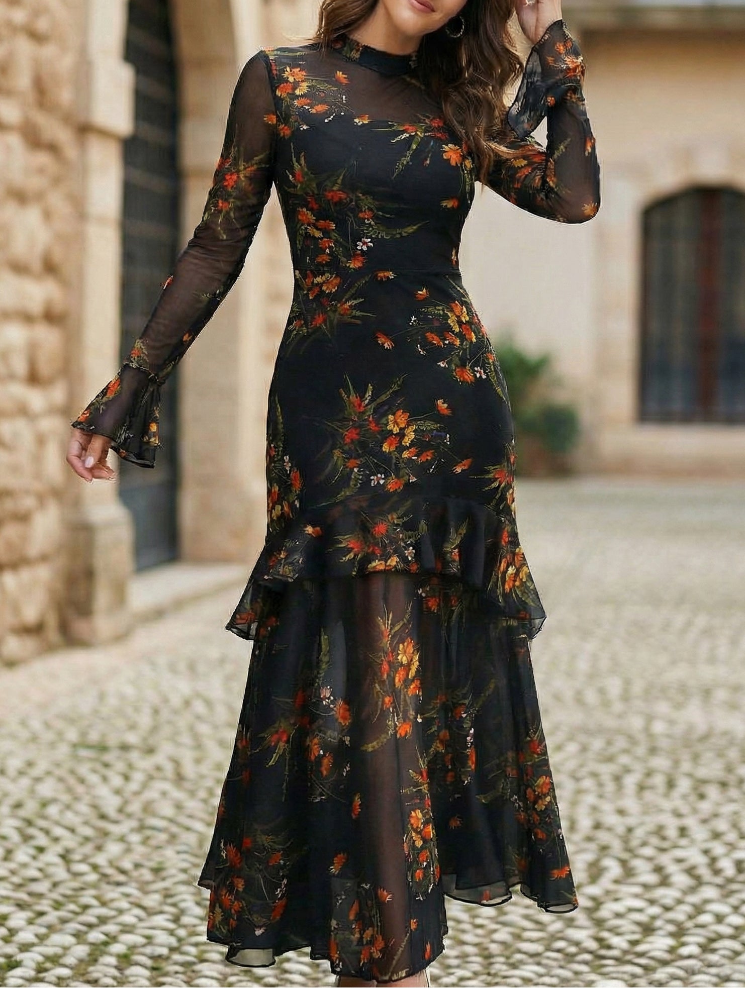 Women's dress with lotus leaf sleeve and floral print_CWDMD0222