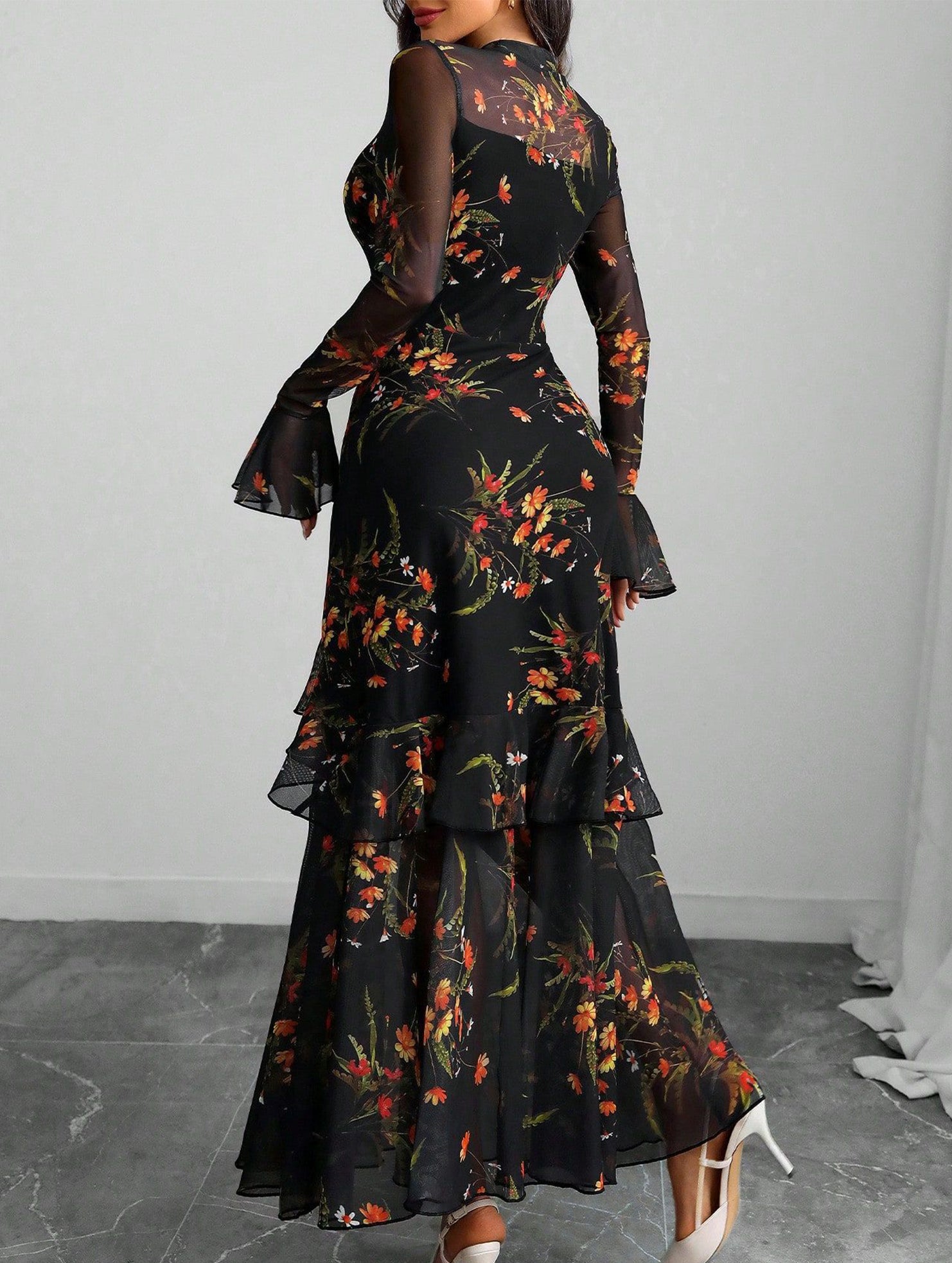 Women's dress with lotus leaf sleeve and floral print_CWDMD0222