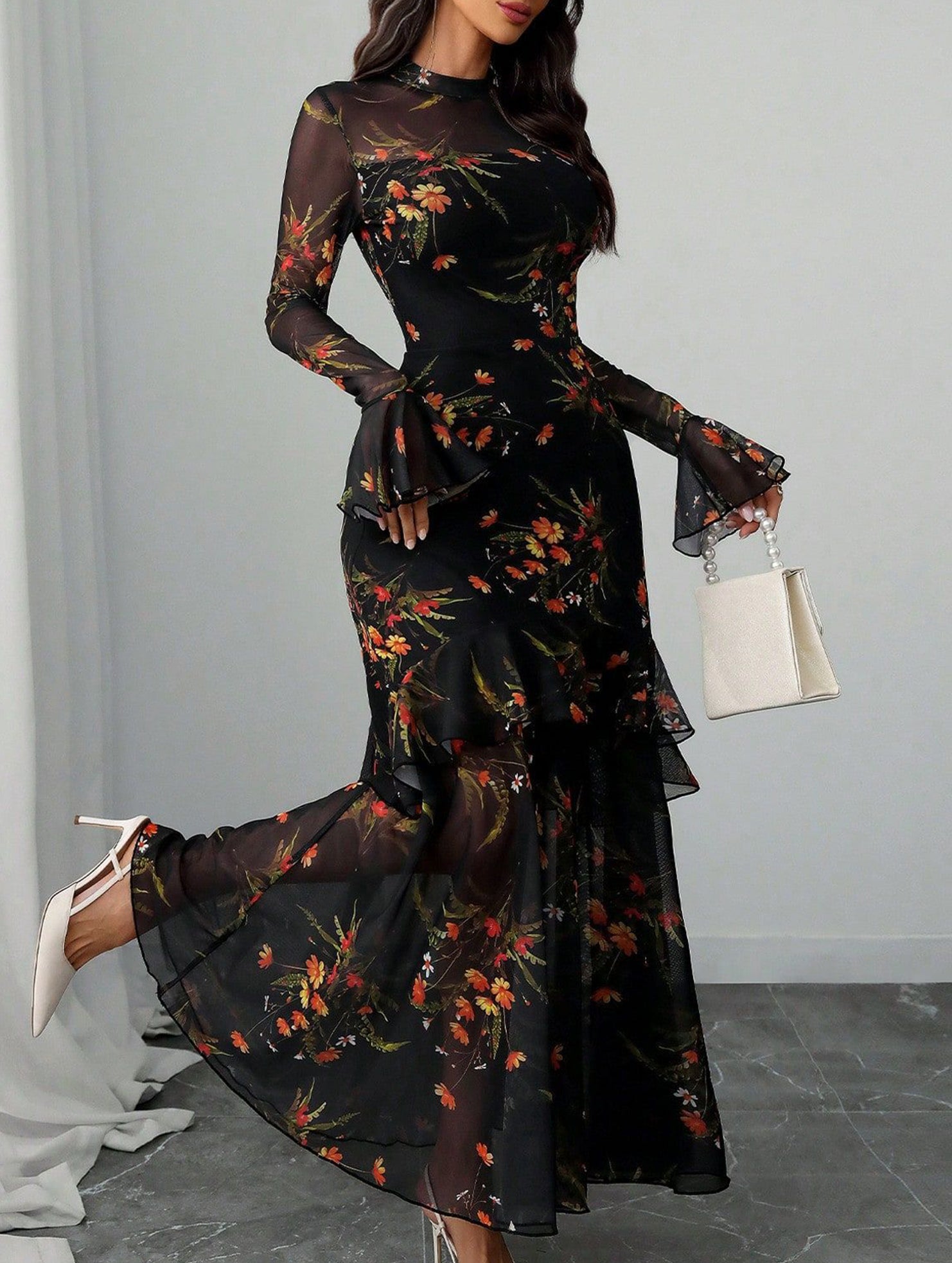 Women's dress with lotus leaf sleeve and floral print_CWDMD0222