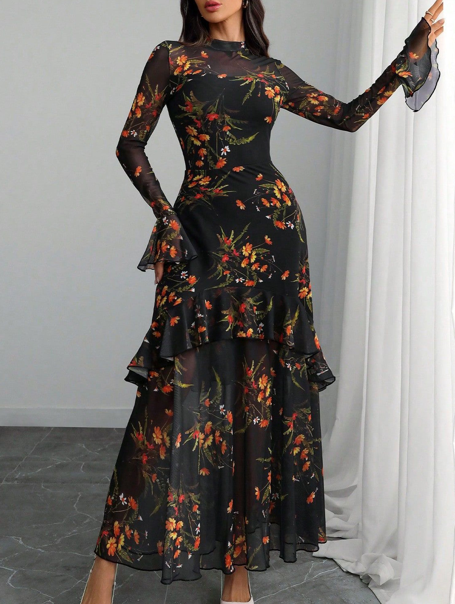 Women's dress with lotus leaf sleeve and floral print_CWDMD0222