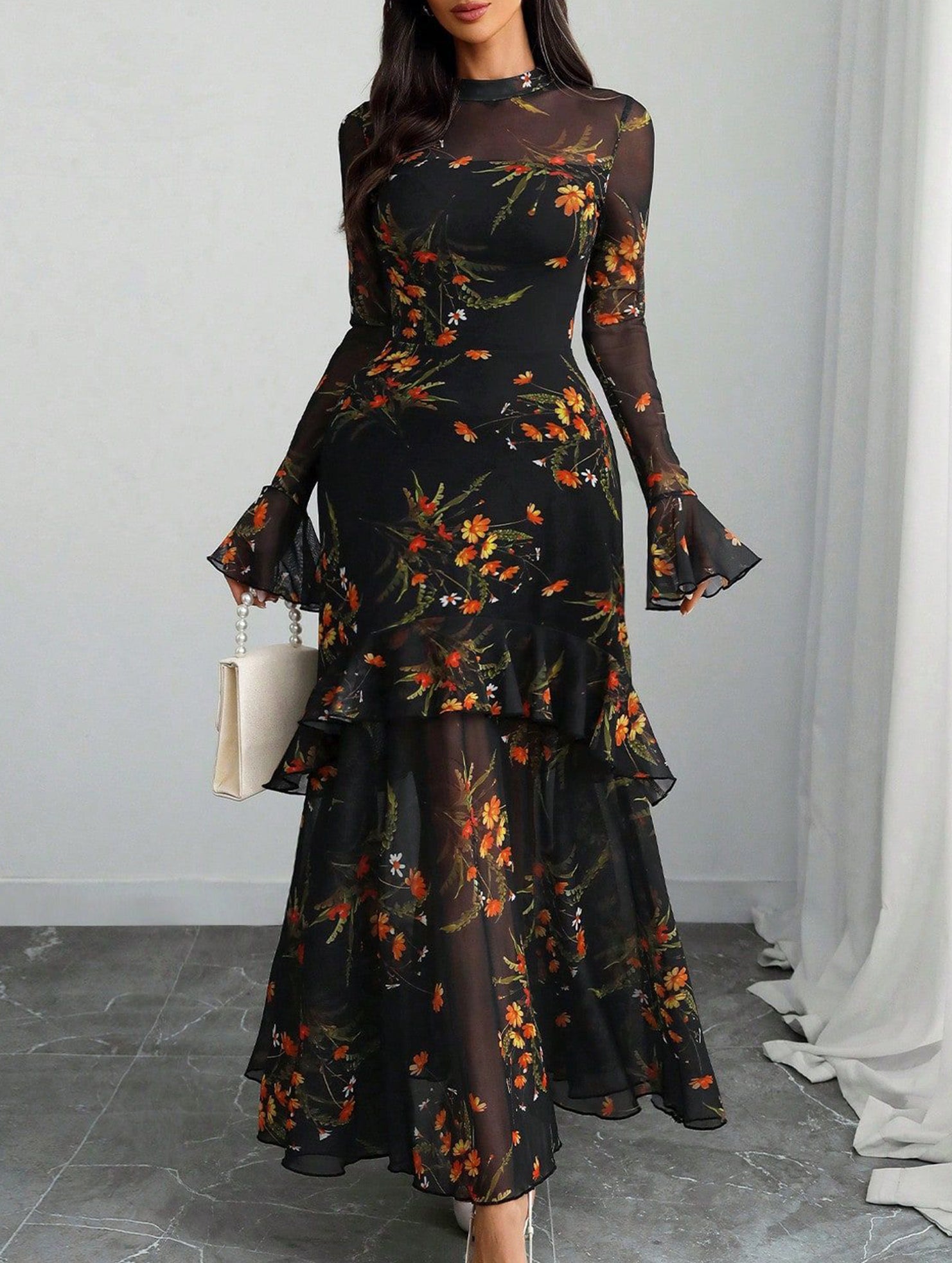 Women's dress with lotus leaf sleeve and floral print_CWDMD0222