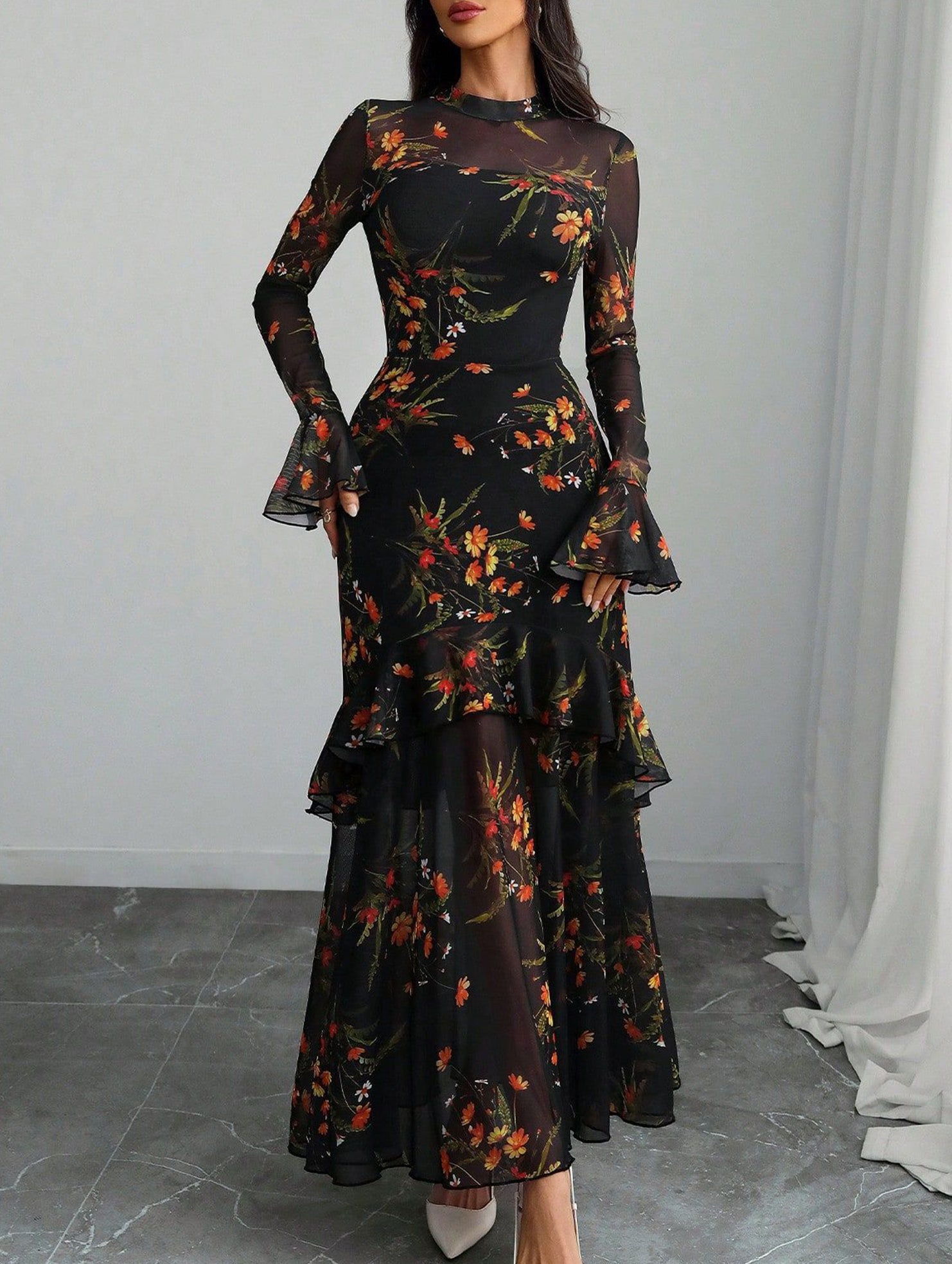 Women's dress with lotus leaf sleeve and floral print_CWDMD0222