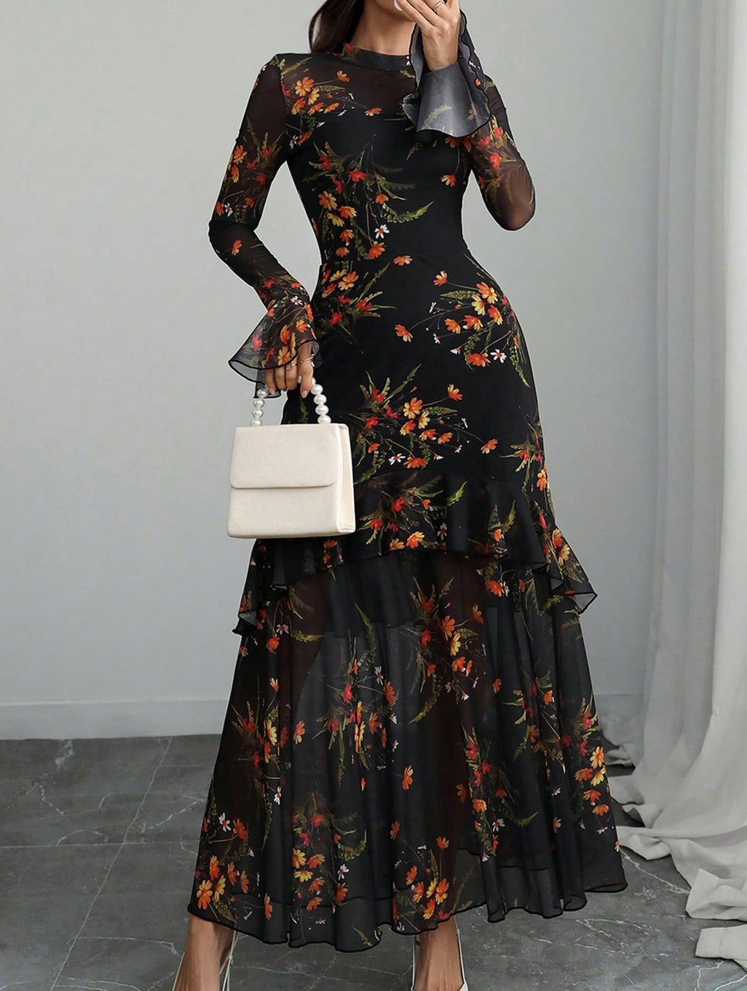 Women's dress with lotus leaf sleeve and floral print_CWDMD0222