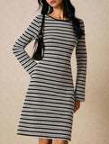 Color-blocked bell-sleeve fitted knit dress for women_CWDMD02221