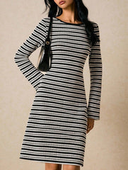 Color-blocked bell-sleeve fitted knit dress for women_CWDMD02221