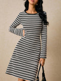 Color-blocked bell-sleeve fitted knit dress for women_CWDMD02221