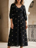 Floral French Style V Neck Midi Dress_CWDMD02235
