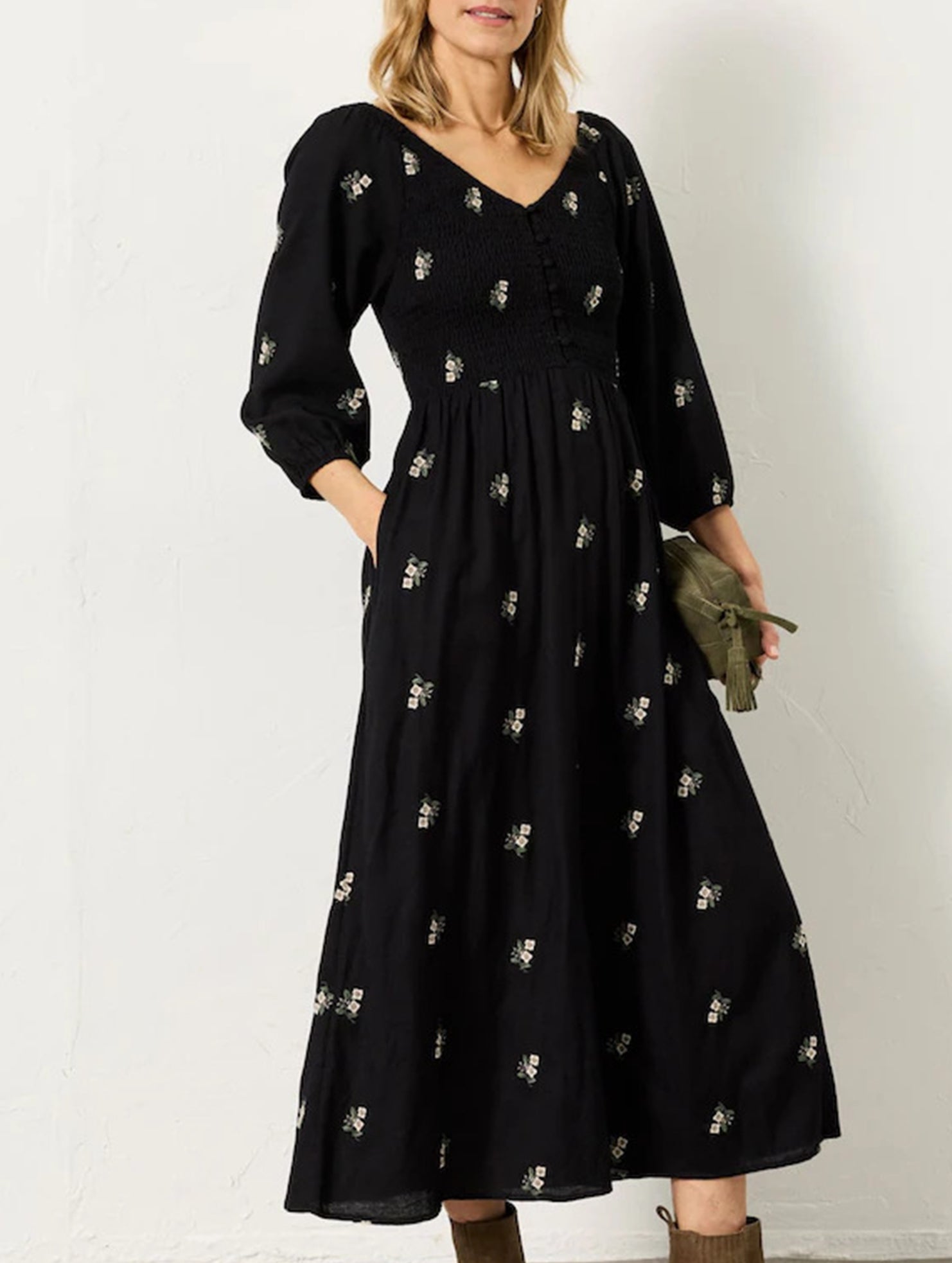 Floral French Style V Neck Midi Dress_CWDMD02235