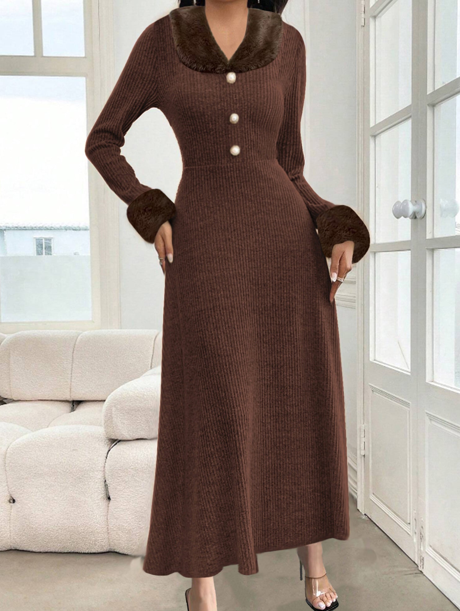 Elegant fur-trimmed patchwork dress for women_CWDMD02246