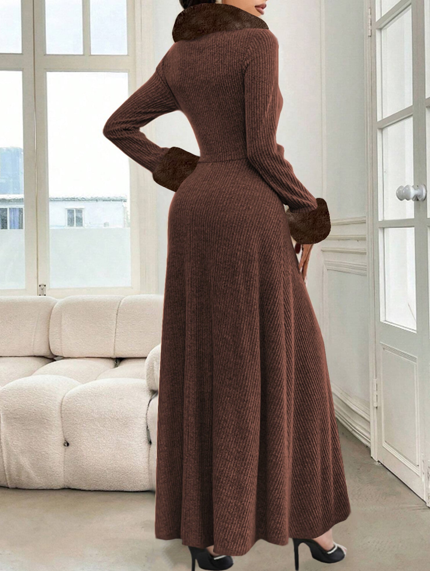Elegant fur-trimmed patchwork dress for women_CWDMD02246