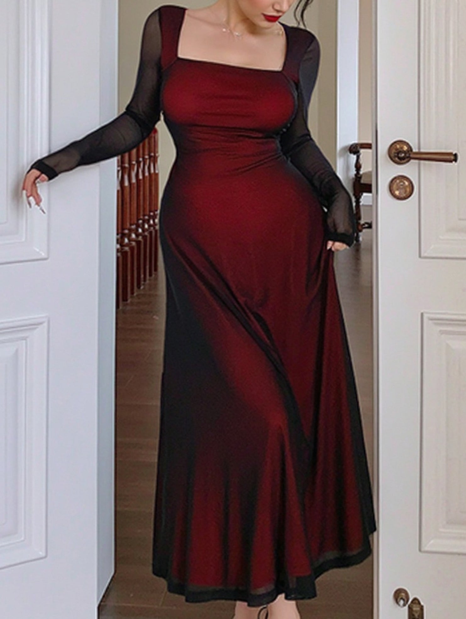 Women's elegant slimming dress with mesh sleeves_CWDMD02247