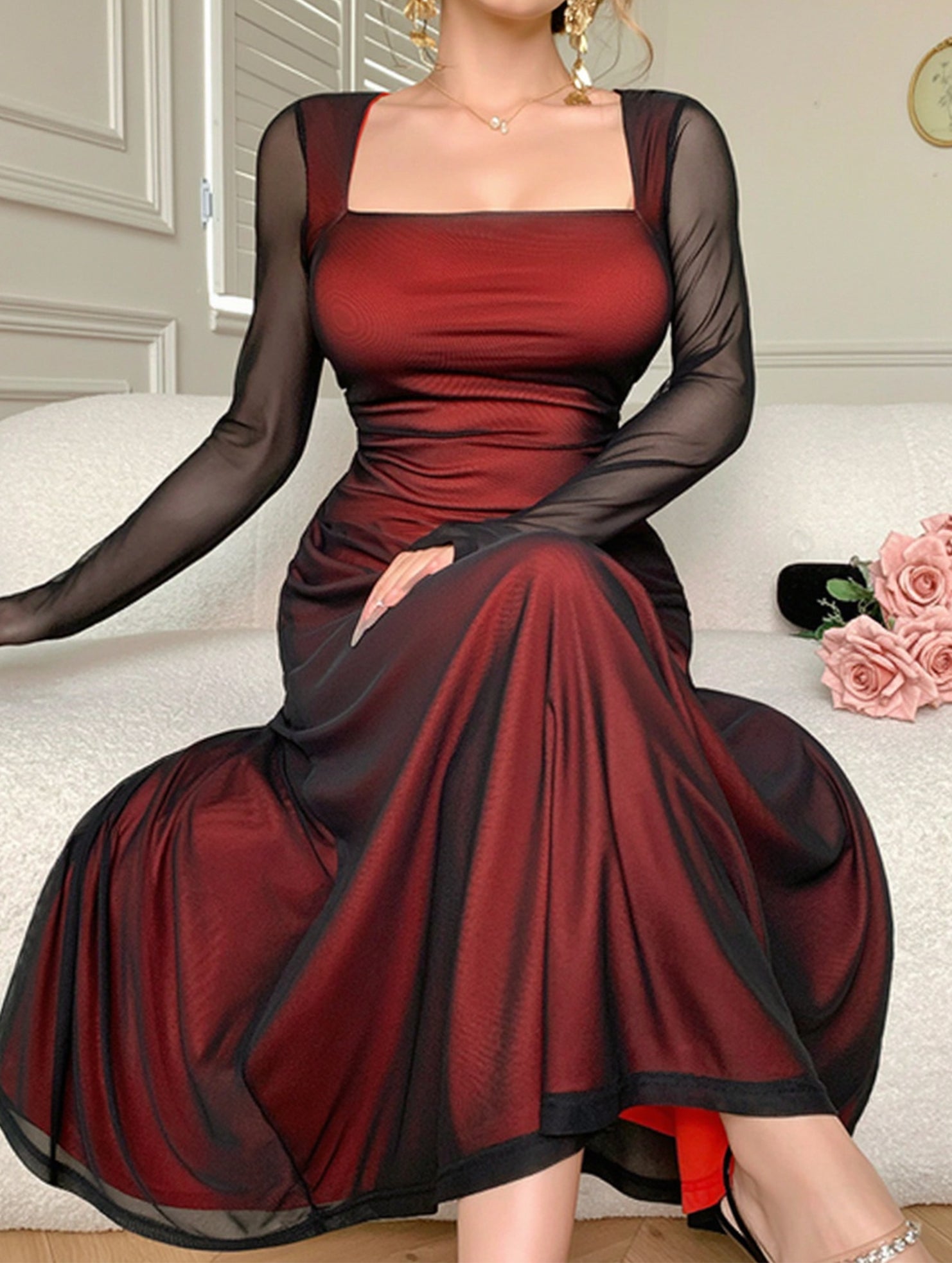 Women's elegant slimming dress with mesh sleeves_CWDMD02247