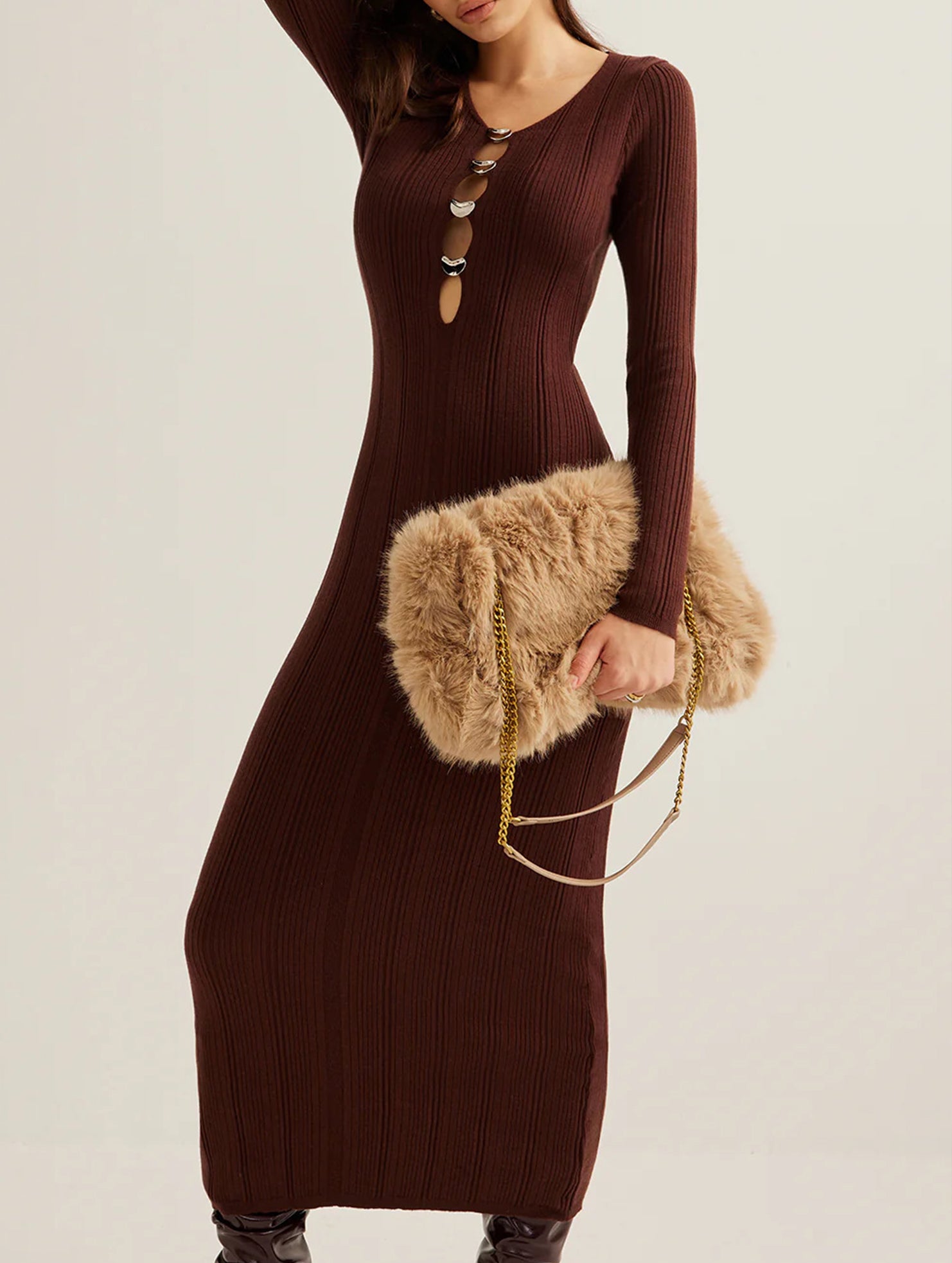 French Vintage V Neck Knit Bodycon Dress_CWDMD02274