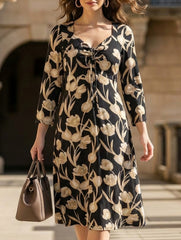 Printed V Neck Tie Waist Midi Dress_CWDMD02275
