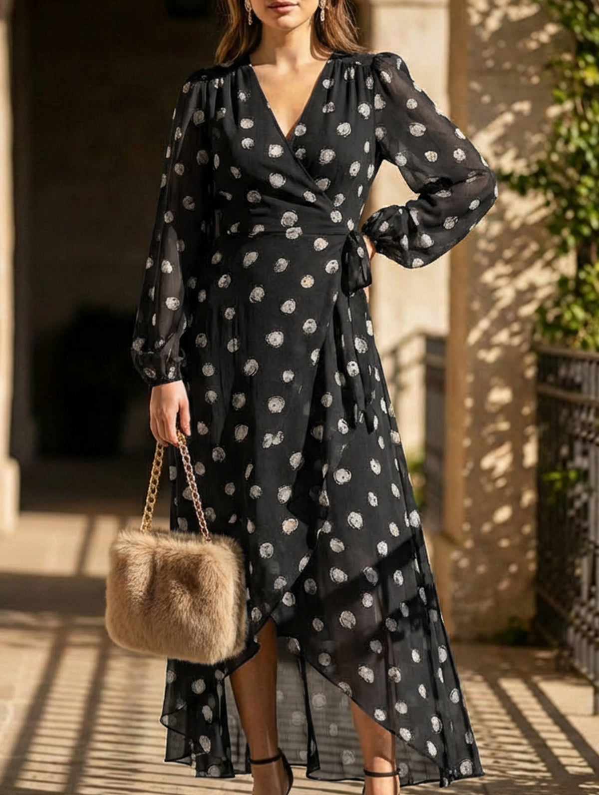 French Polka Dot Waist Fit Midi Dress_CWDMD02276