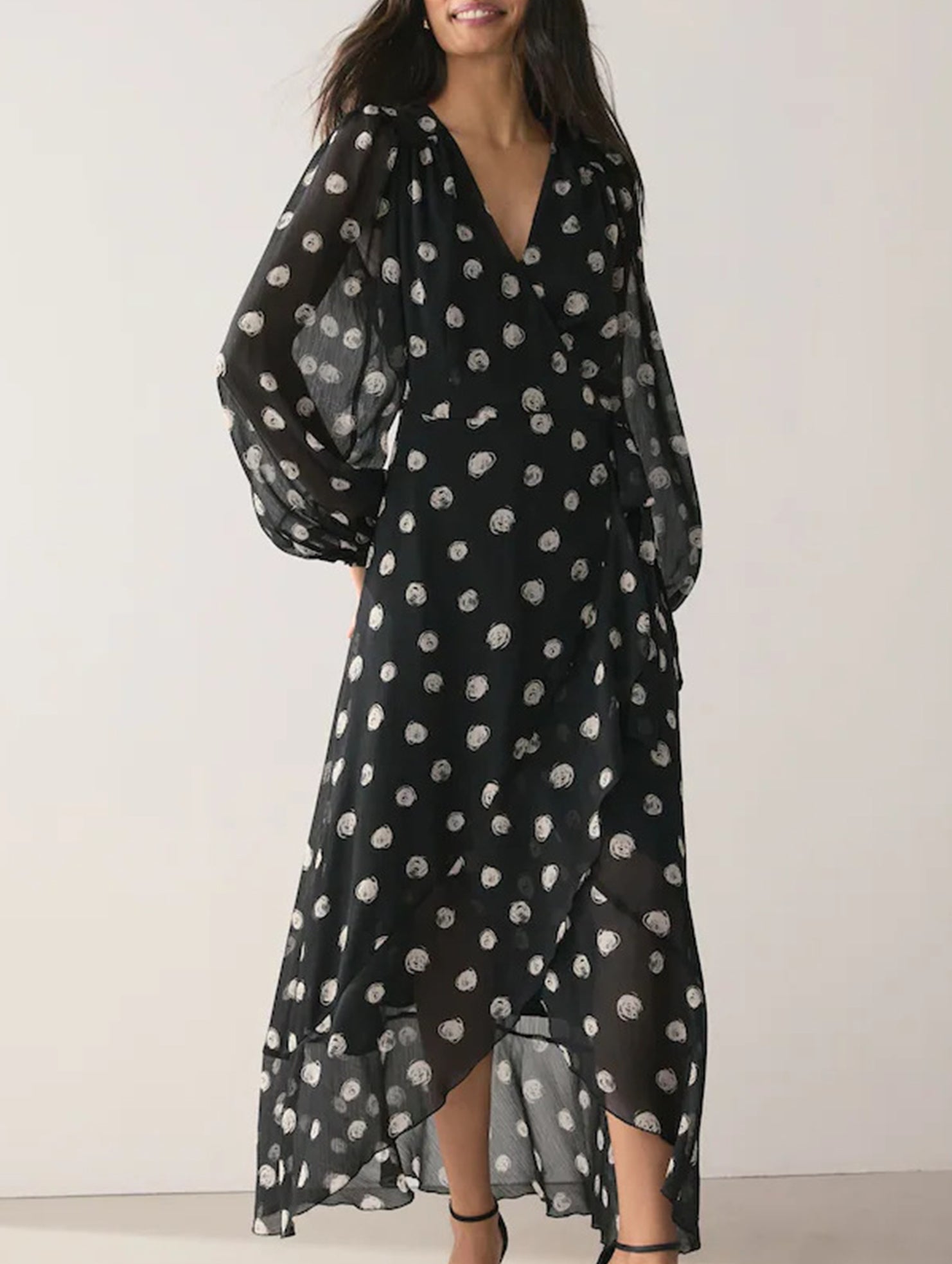 French Polka Dot Waist Fit Midi Dress_CWDMD02276