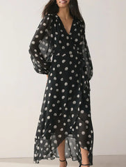 French Polka Dot Waist Fit Midi Dress_CWDMD02276