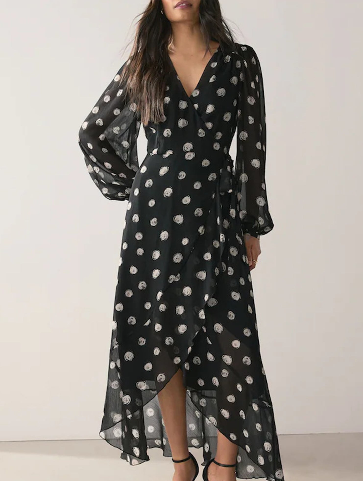 French Polka Dot Waist Fit Midi Dress_CWDMD02276
