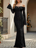 Lace Off Shoulder Bell Sleeve Evening Dress_CWDMD02277