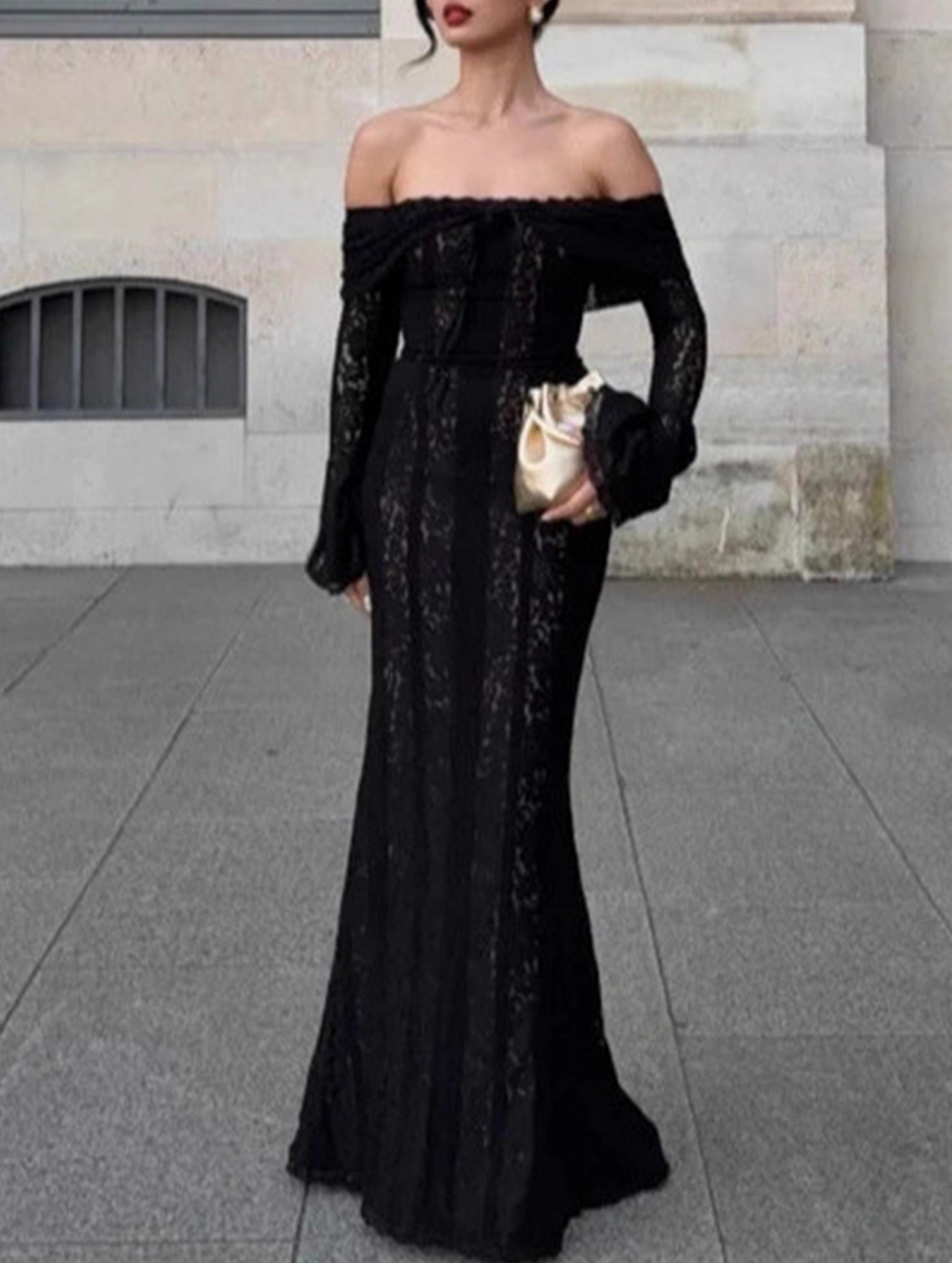 Lace Off Shoulder Bell Sleeve Evening Dress_CWDMD02277