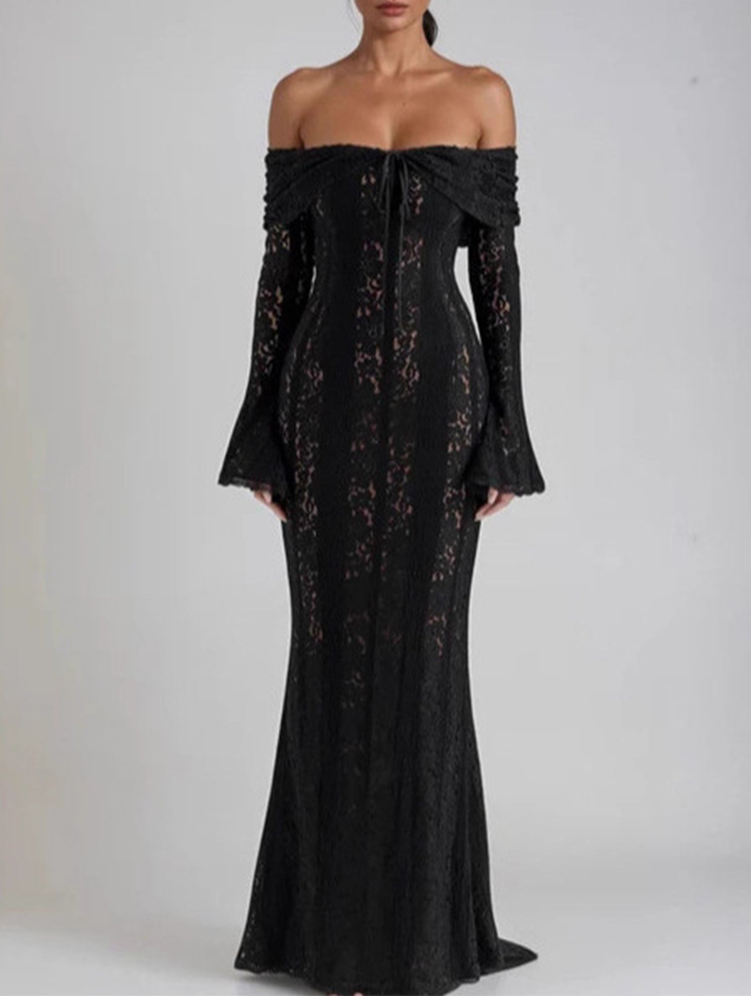 Lace Off Shoulder Bell Sleeve Evening Dress_CWDMD02277
