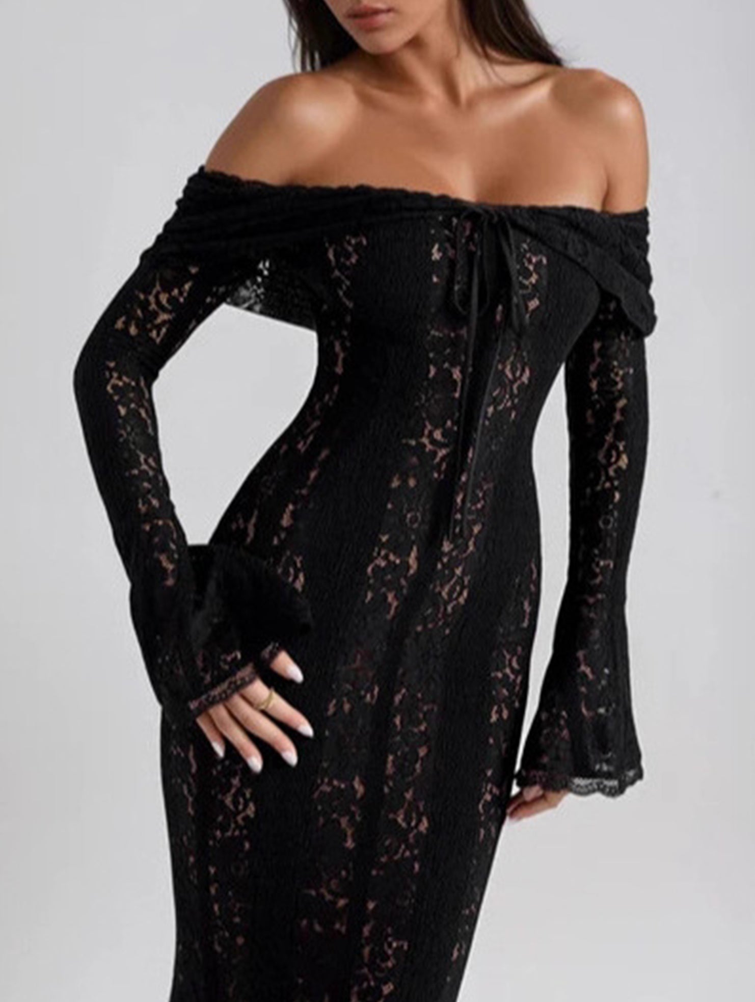 Lace Off Shoulder Bell Sleeve Evening Dress_CWDMD02277
