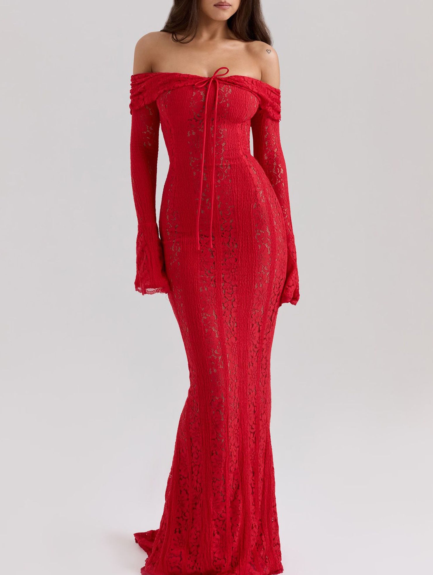 Lace Off Shoulder Bell Sleeve Evening Dress_CWDMD02277