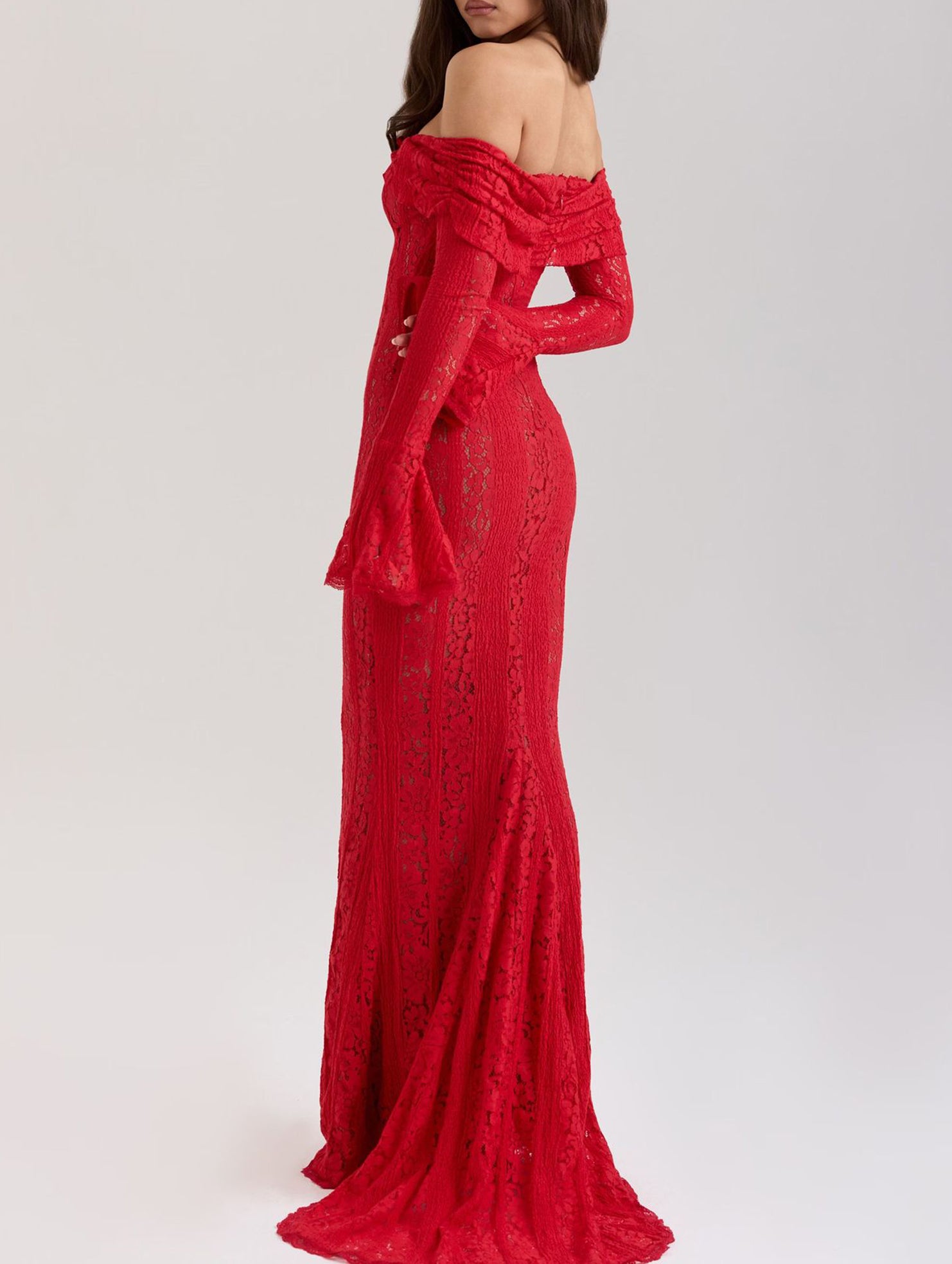 Lace Off Shoulder Bell Sleeve Evening Dress_CWDMD02277