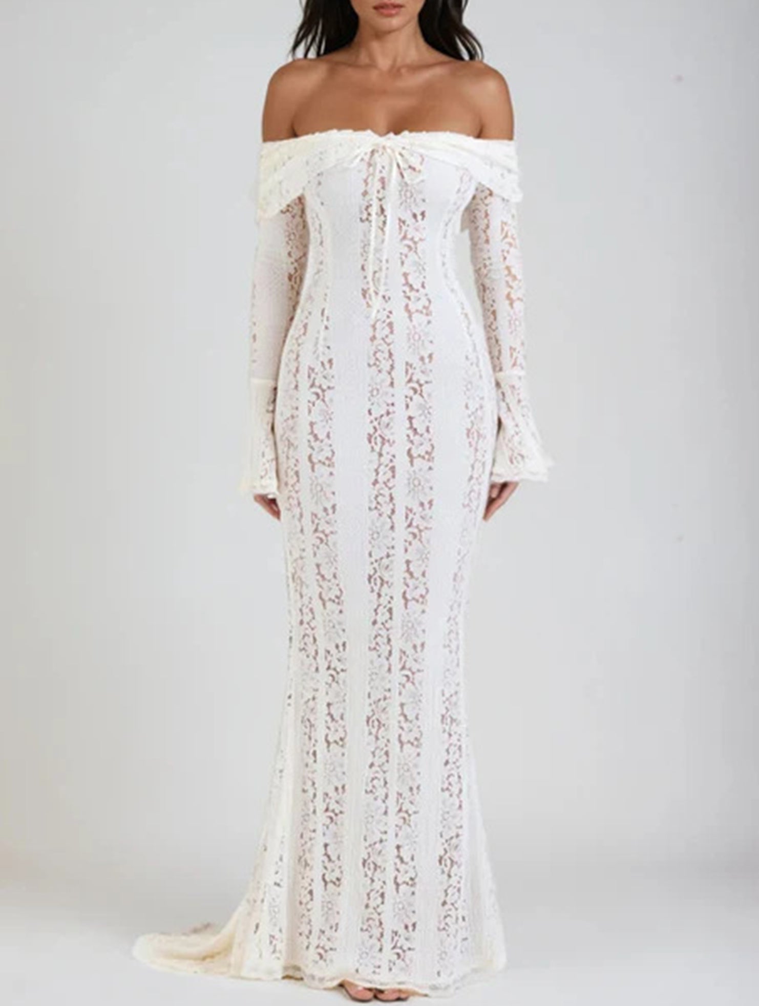 Lace Off Shoulder Bell Sleeve Evening Dress_CWDMD02277