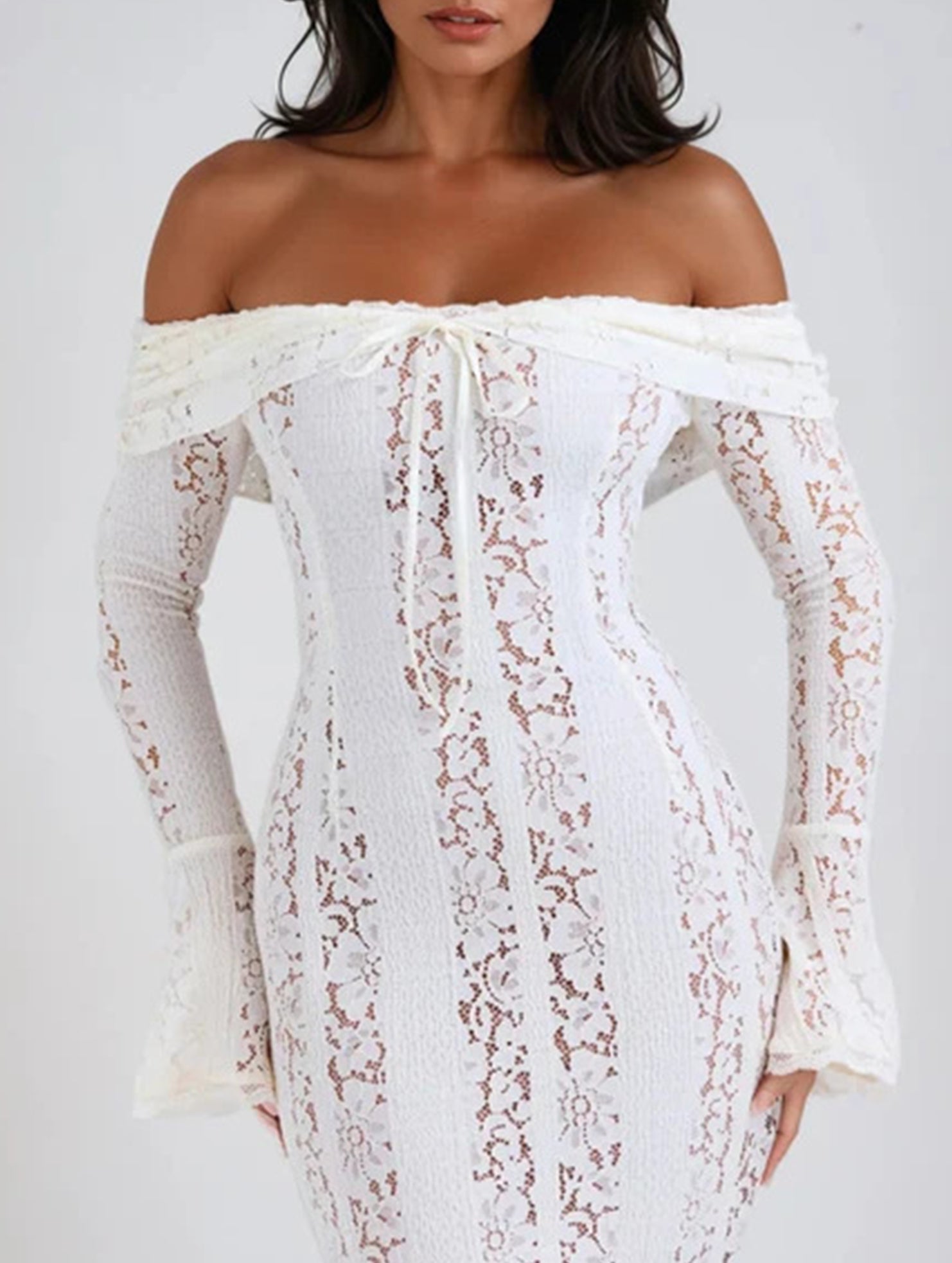 Lace Off Shoulder Bell Sleeve Evening Dress_CWDMD02277