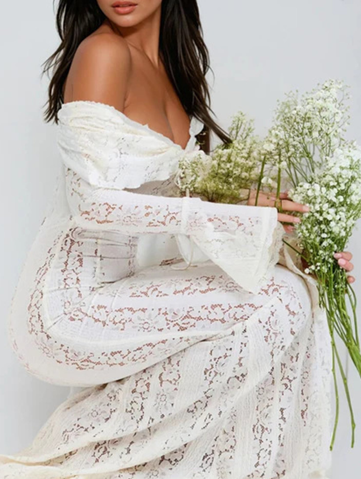 Lace Off Shoulder Bell Sleeve Evening Dress_CWDMD02277