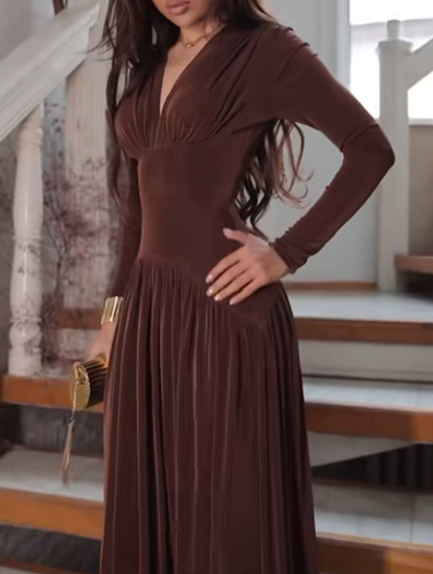 Velvet Shiny Waist Fit Maxi Dress_CWDMD02278