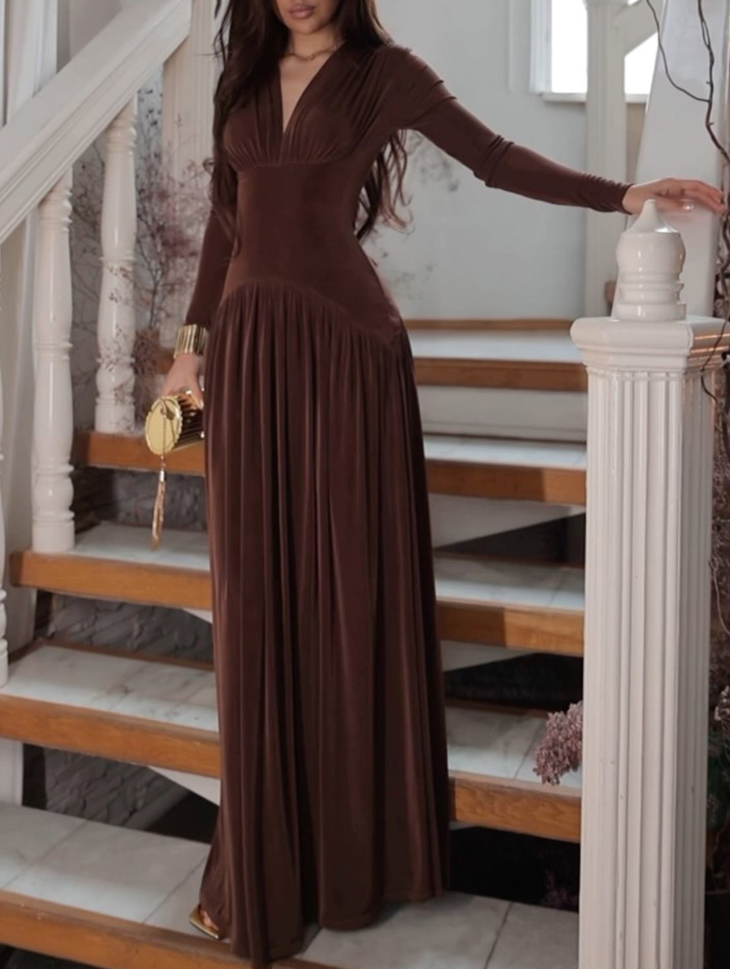 Velvet Shiny Waist Fit Maxi Dress_CWDMD02278
