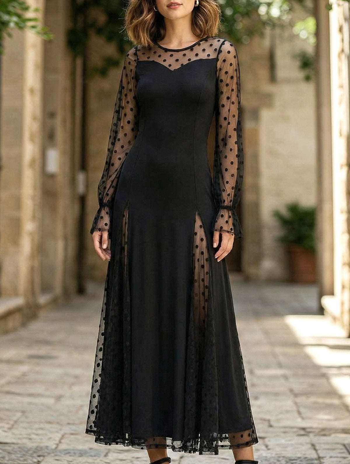 Polka Dot Lace Patchwork Slit Maxi Dress_CWDMD02293